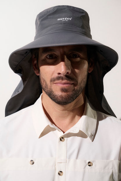 Chapeau anti-UV gris UPF50+ pour homme, idéal pour activités en extérieur et protection solaire.