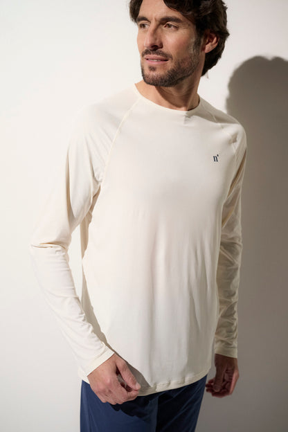 T-shirt anti-UV beige pour homme, léger et respirant, UPF 50+, idéal pour le running et les activités en plein air.