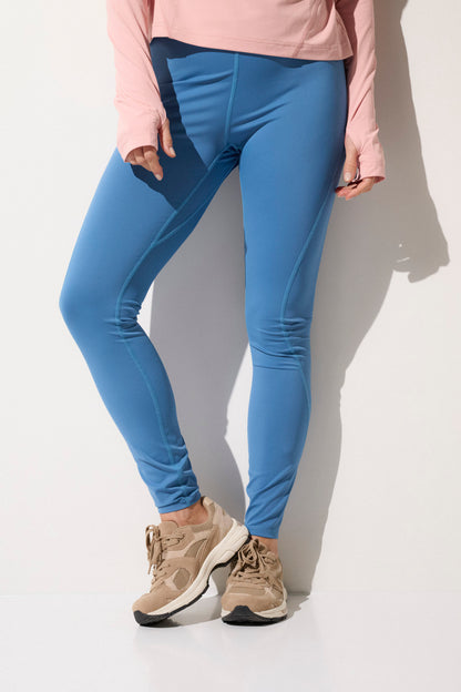 Legging anti-UV bleu pour femme, taille haute, confortable pour le running, UPF 50+ et protection solaire.