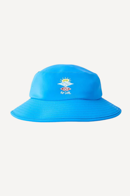 Chapeau de bain anti-UV bleu pour enfant, certifié UPF 50+, avec un motif ensoleillé pour l'été.