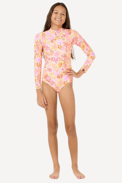 Maillot de bain anti-UV pour fille, imprimé floral, UPF 50+, parfait pour les activités aquatiques et la plage.