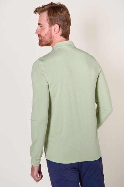 Polo anti-UV vert clair pour homme, manches longues, tissu léger UPF 50+ pour protection solaire au quotidien.