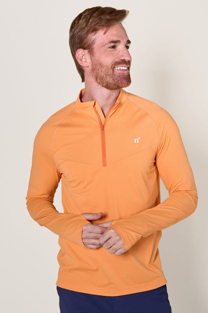 T-shirt zippé anti-UV orange pour homme, léger et respirant, idéal pour les activités de plein air avec protection UPF50+.