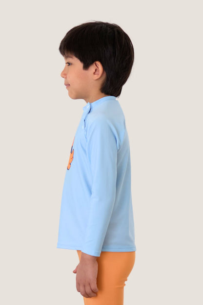 T-shirt de bain anti-UV bleu pour enfant, manches longues, UPF 50+, idéal pour jouer en extérieur en toute sécurité.